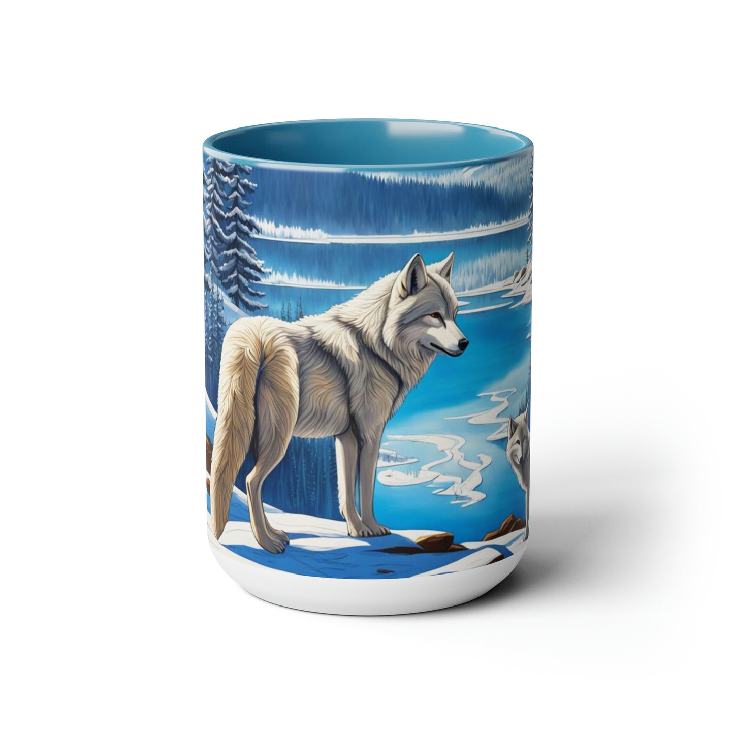 Wolves dancing into winter snow 15 oz mug