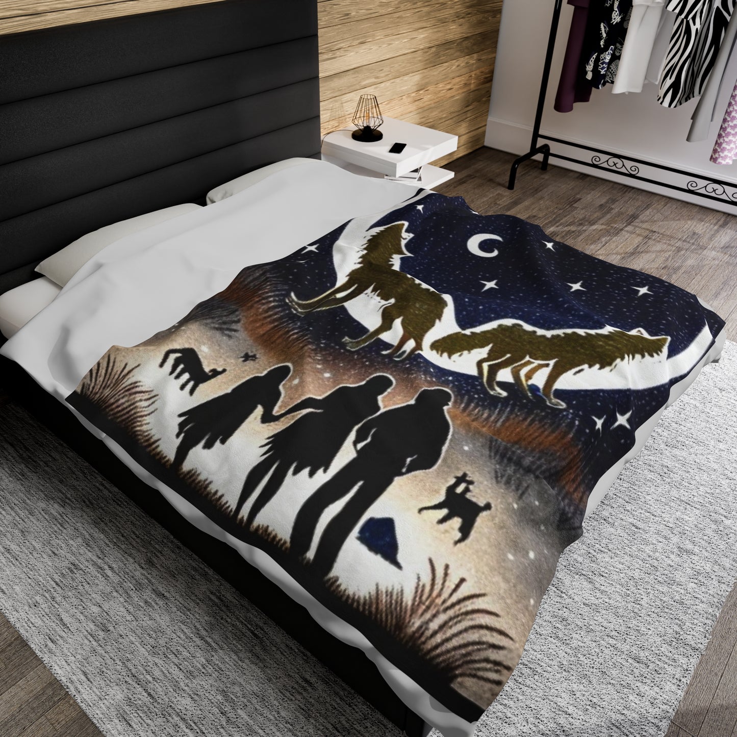 two wolves howling under a crescent moon Velveteen Plush Blanket