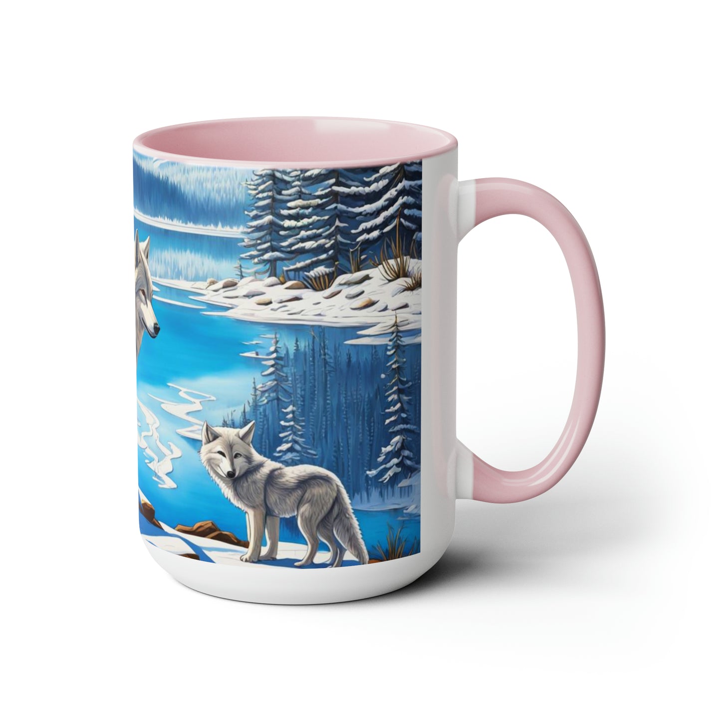 Wolves dancing into winter snow 15 oz mug