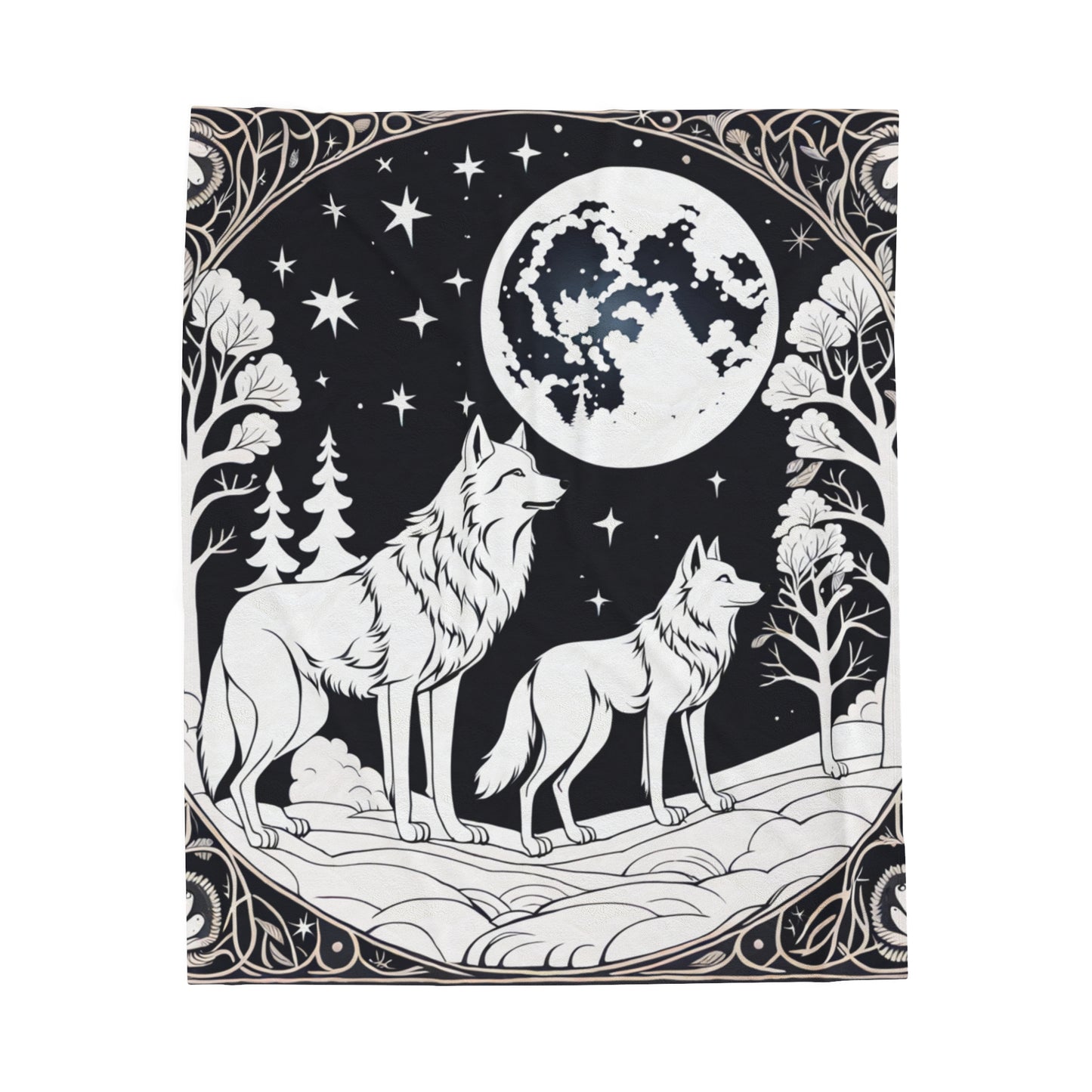 Moonlight wolf blk wht Velveteen Plush Blanket