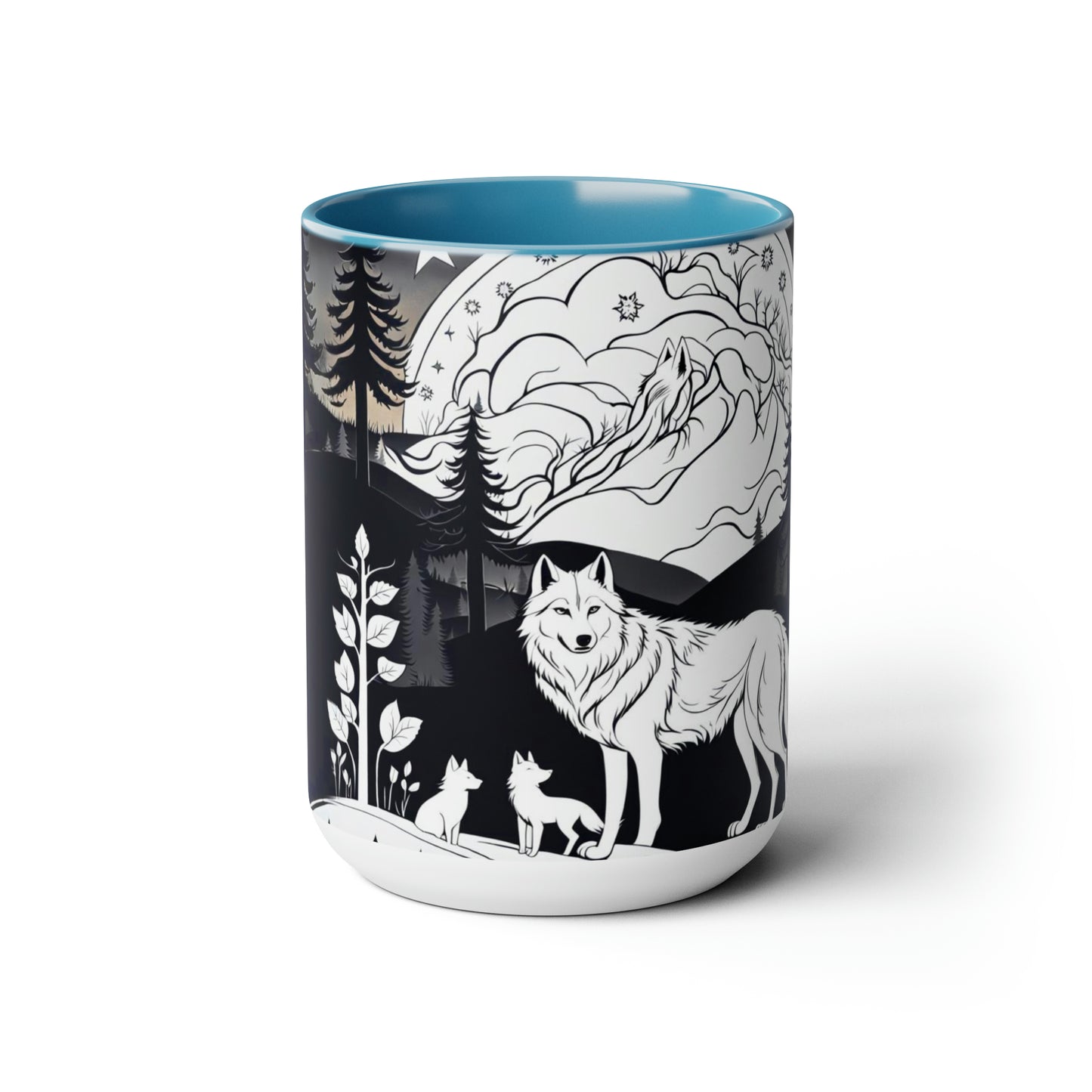 Black and white wolves in the night time 15 oz  ceramic mug