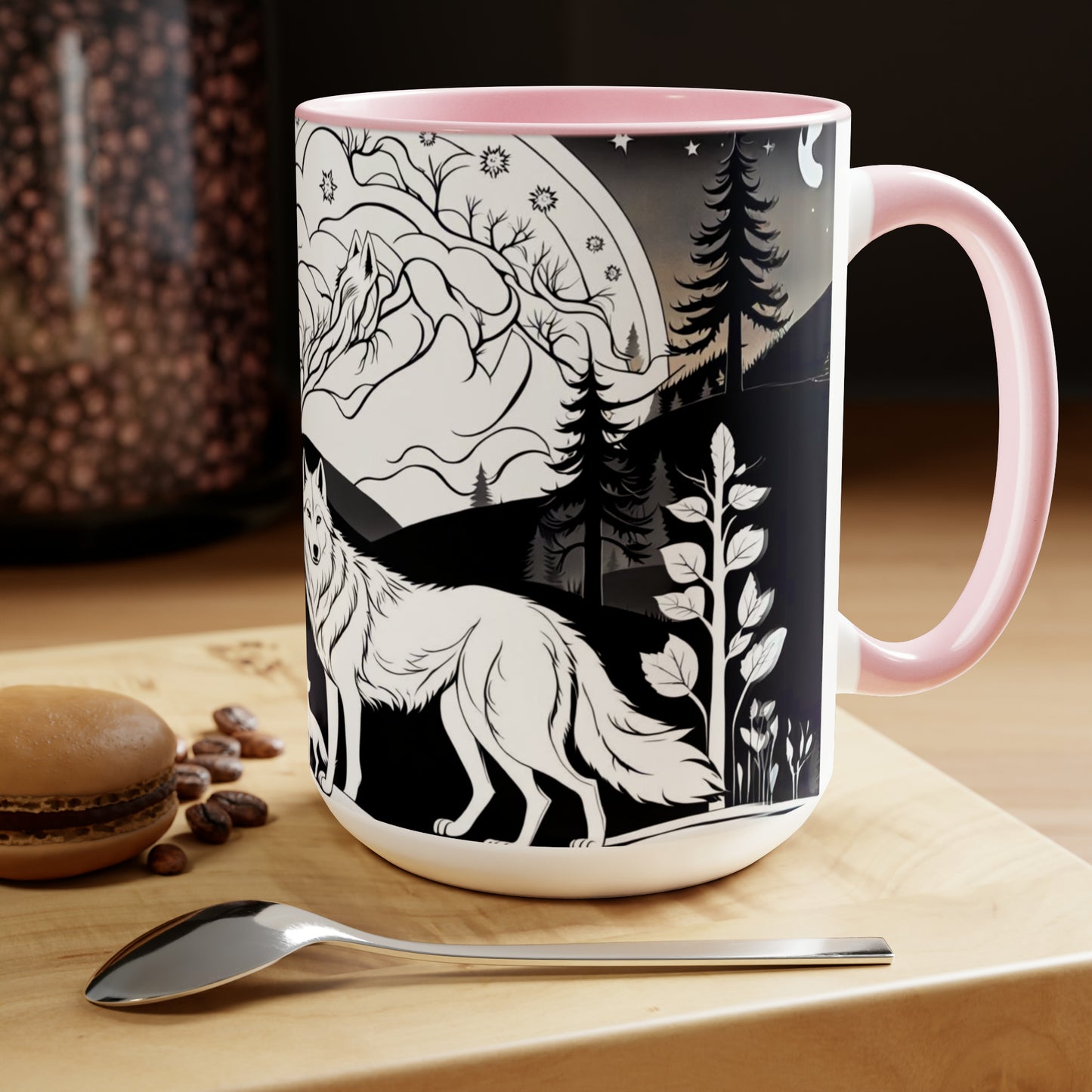 Black and white wolves in the night time 15 oz  ceramic mug