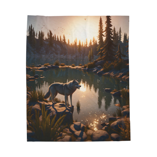 Wolf by the stream of water family Velveteen Plush Blanket