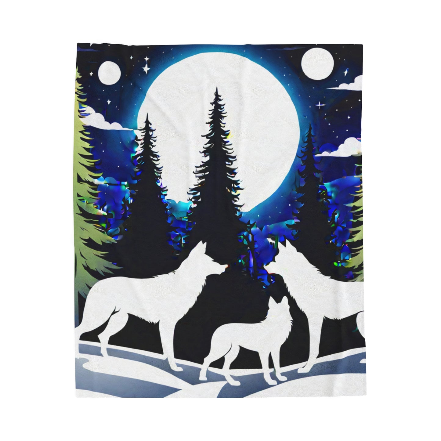 White silhouette wolf family Velveteen Plush Blanket