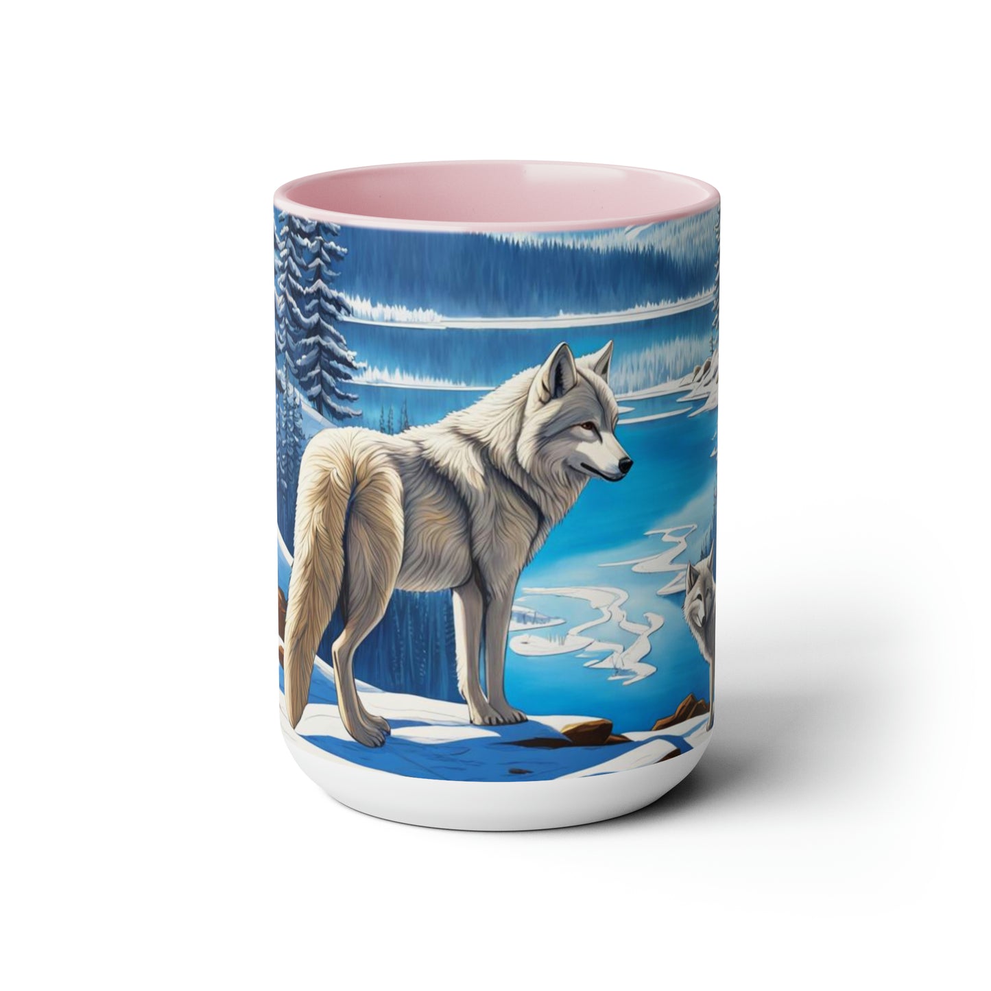 Wolves dancing into winter snow 15 oz mug