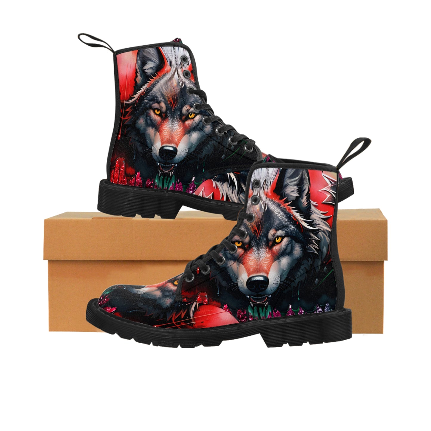 Men's Red and Black Wolf Canvas Boots