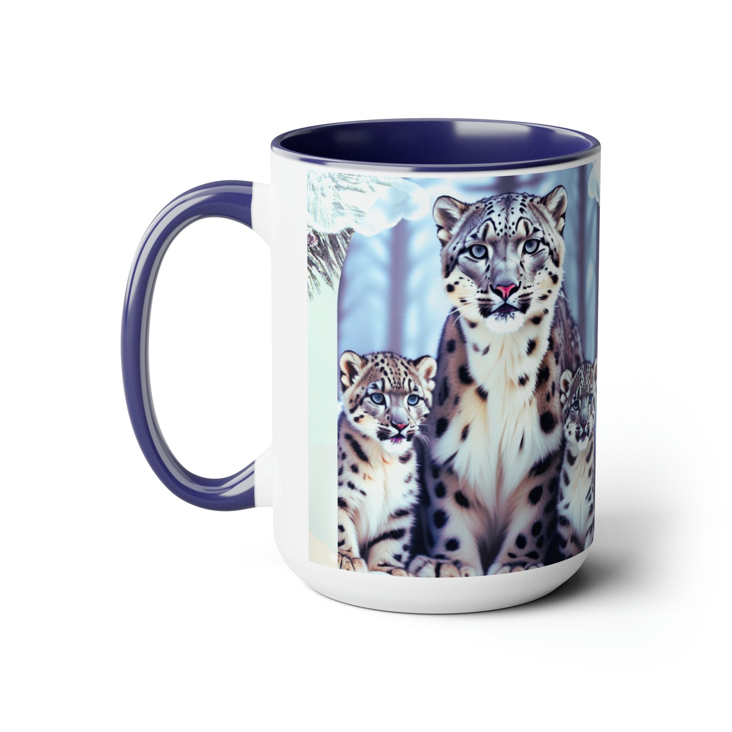 Snow leopard sitting in the snow15 oz ceramic mug