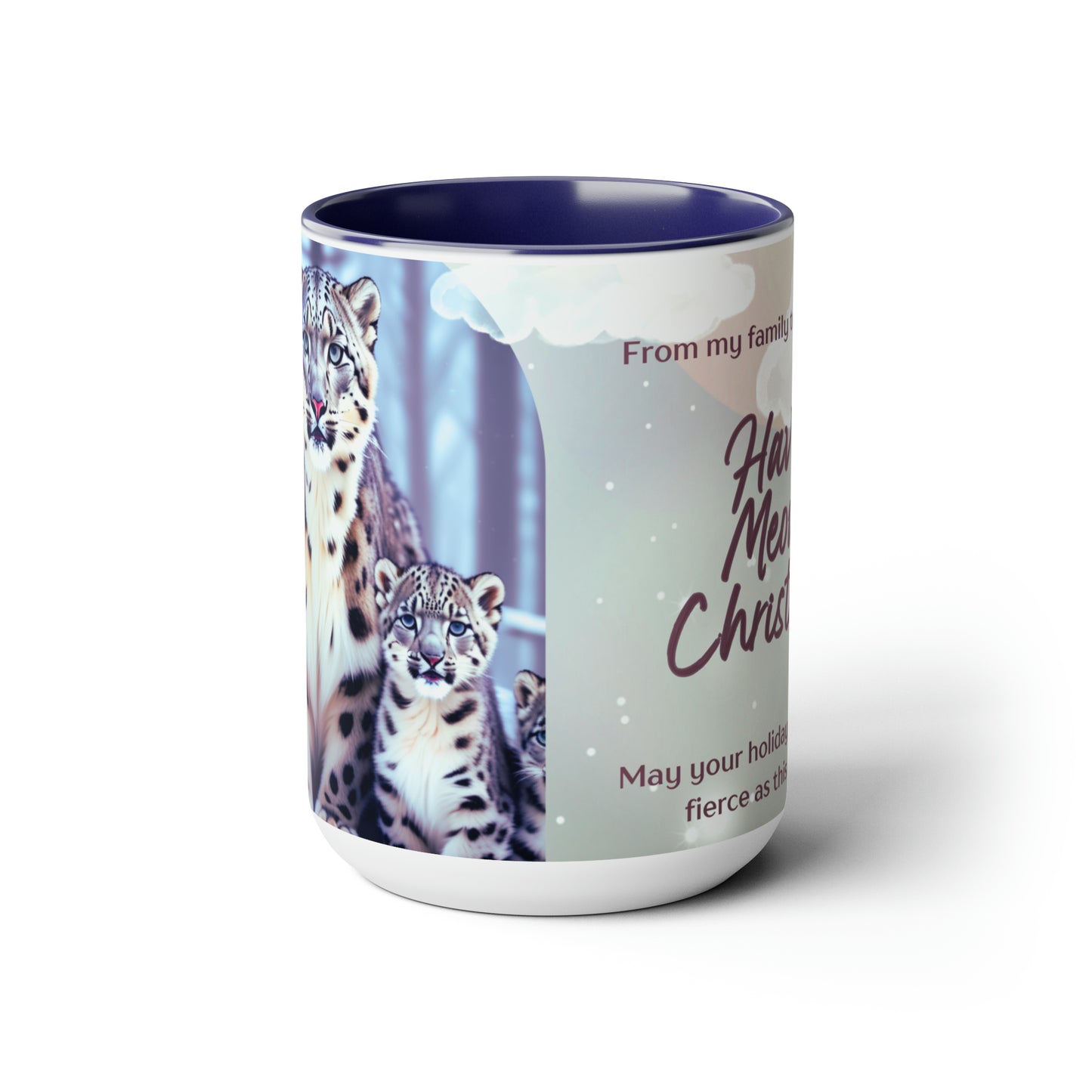 Snow leopard sitting in the snow15 oz ceramic mug