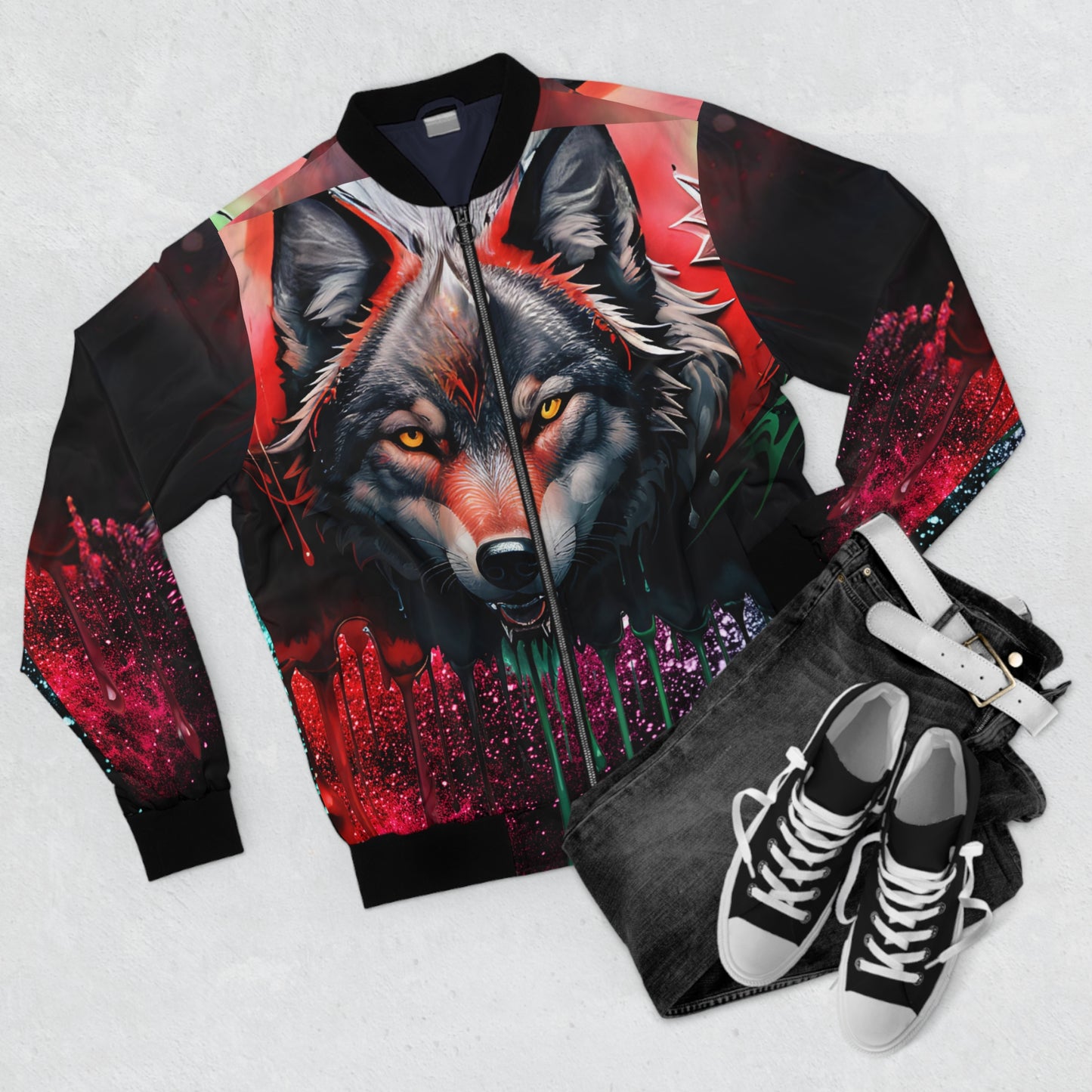 Red and black Wolf Bomber Jacket - Express Your Inner Wolf