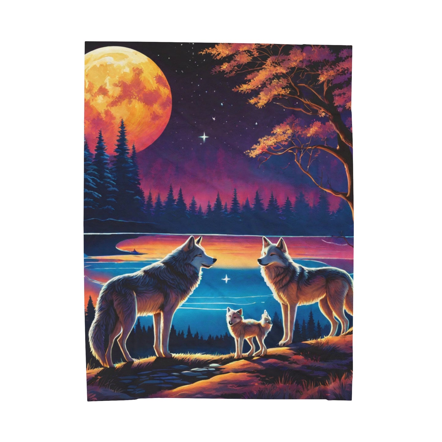 Neon wolf family Velveteen Plush Blanket