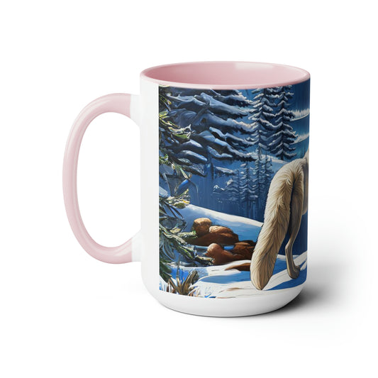 Wolves dancing into winter snow 15 oz mug