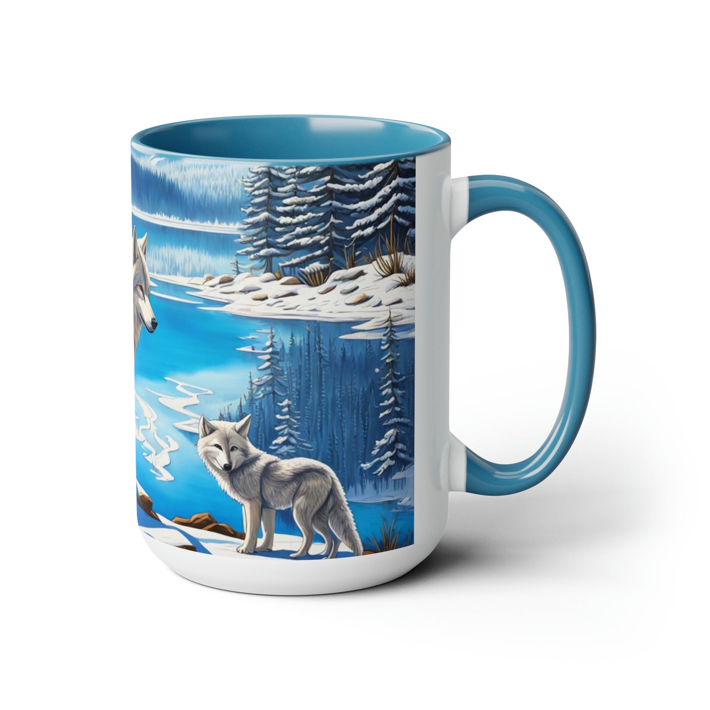 Wolves dancing into winter snow 15 oz mug