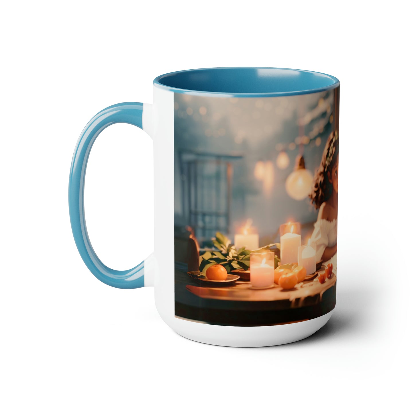 Mother and daughter Christmas time sitting at the table 15 oz Ceramic mug