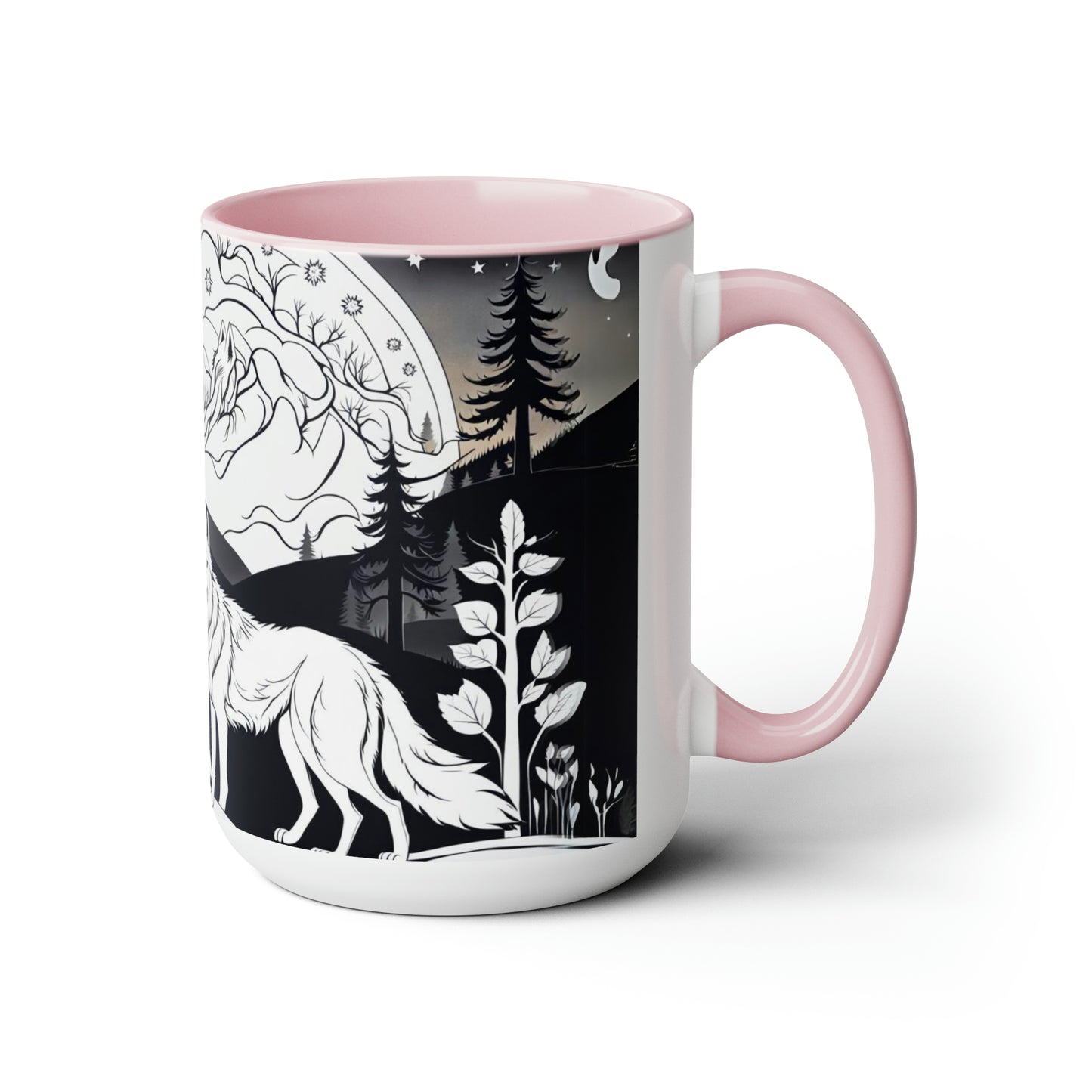 Black and white wolves in the night time 15 oz  ceramic mug