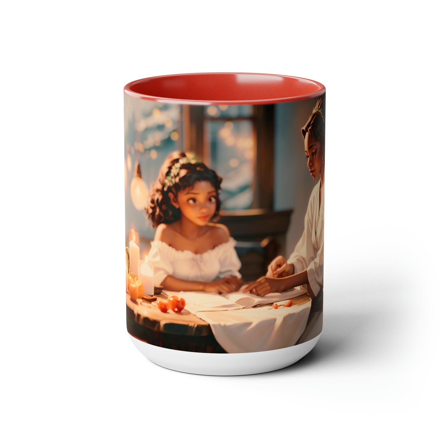 Mother and daughter Christmas time sitting at the table 15 oz Ceramic mug