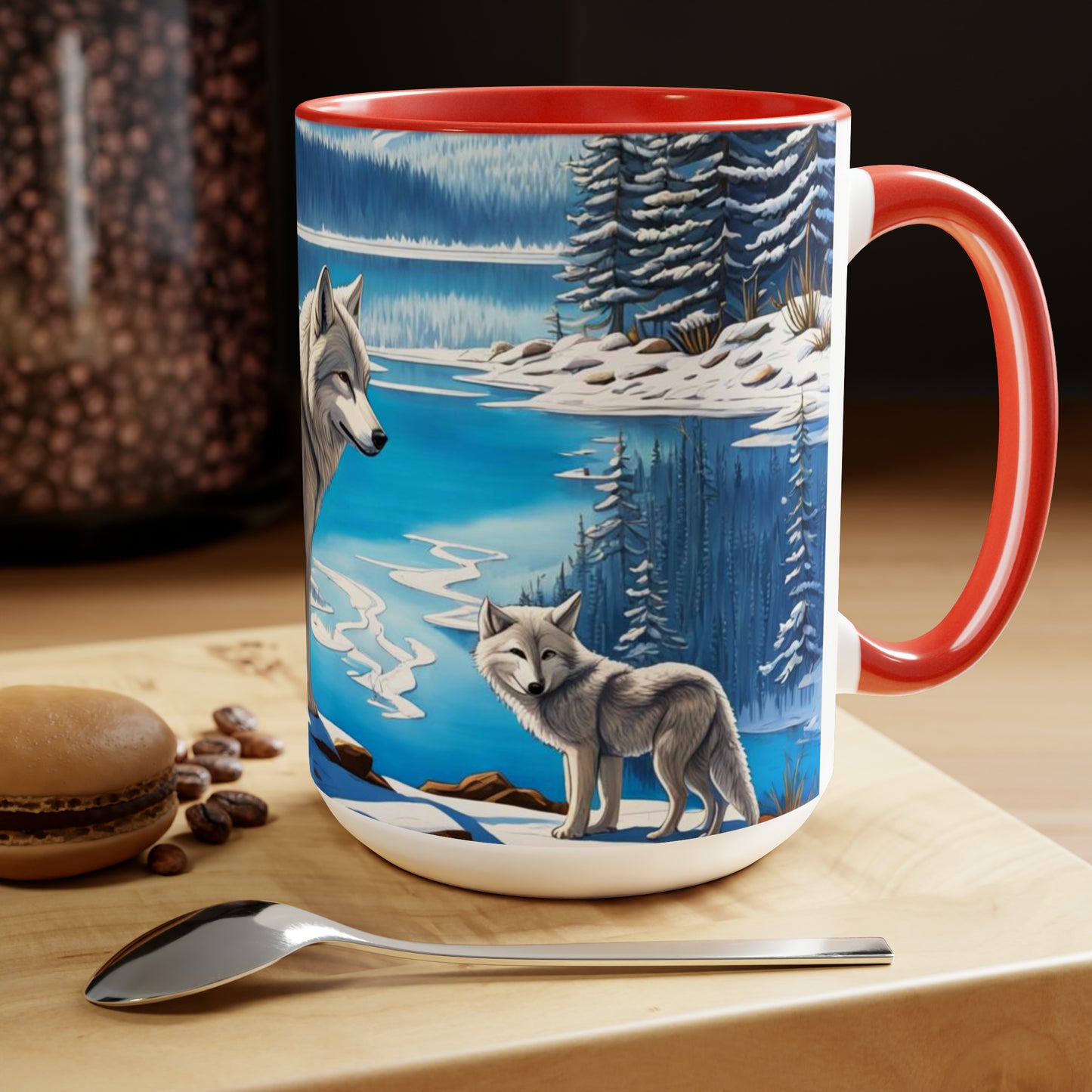 Wolves dancing into winter snow 15 oz mug