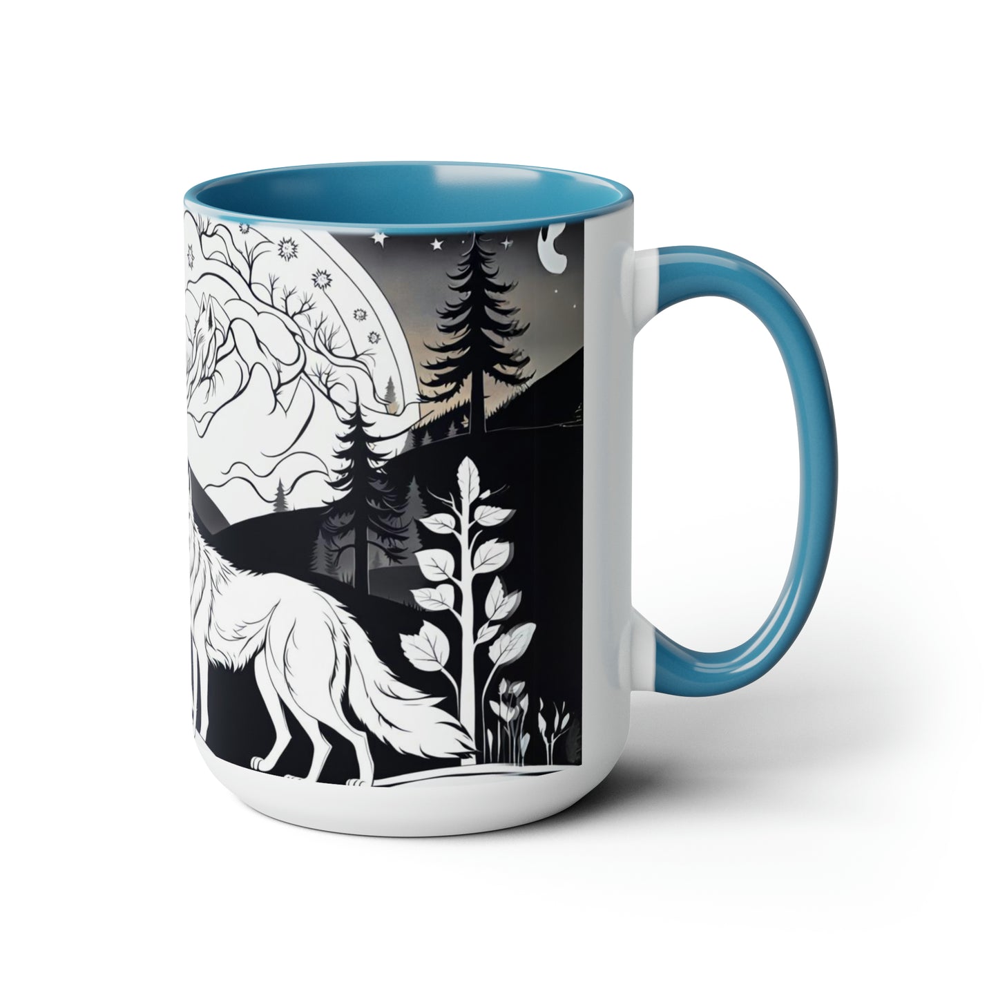 Black and white wolves in the night time 15 oz  ceramic mug