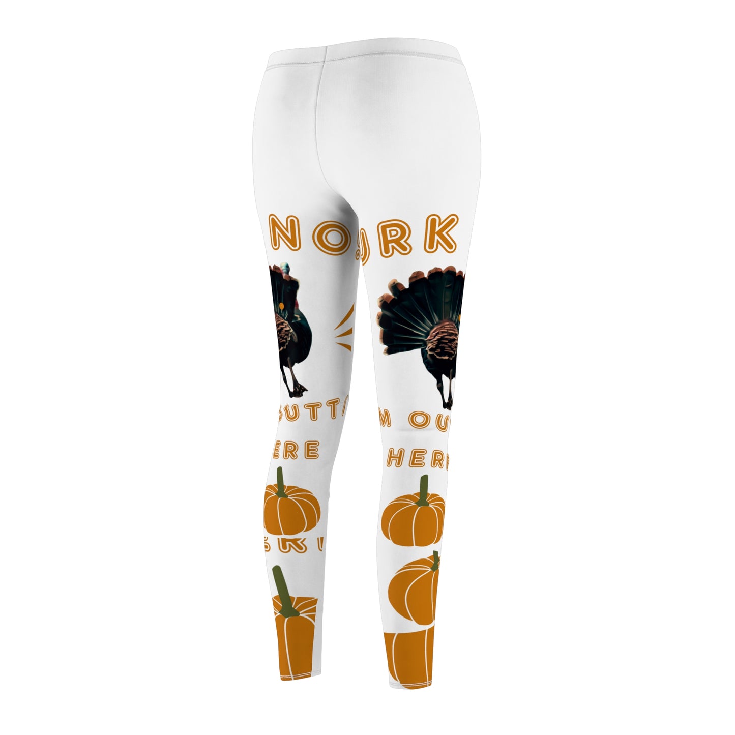 Thanksgiving Hilarity Turkin' Around White Women's Leggings with pumpkins and a turkey running away