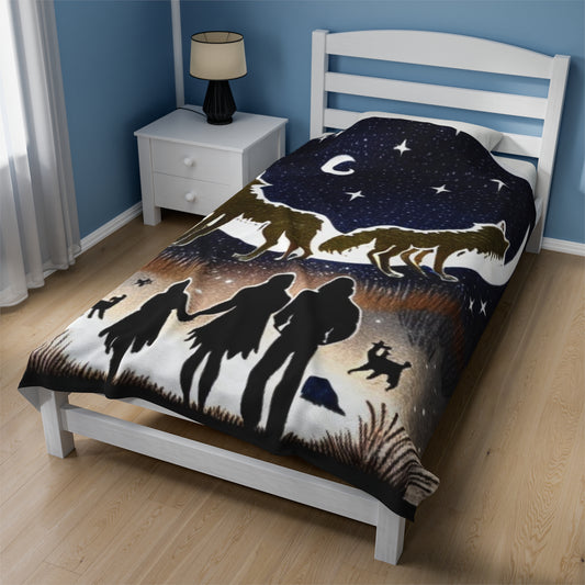 two wolves howling under a crescent moon Velveteen Plush Blanket