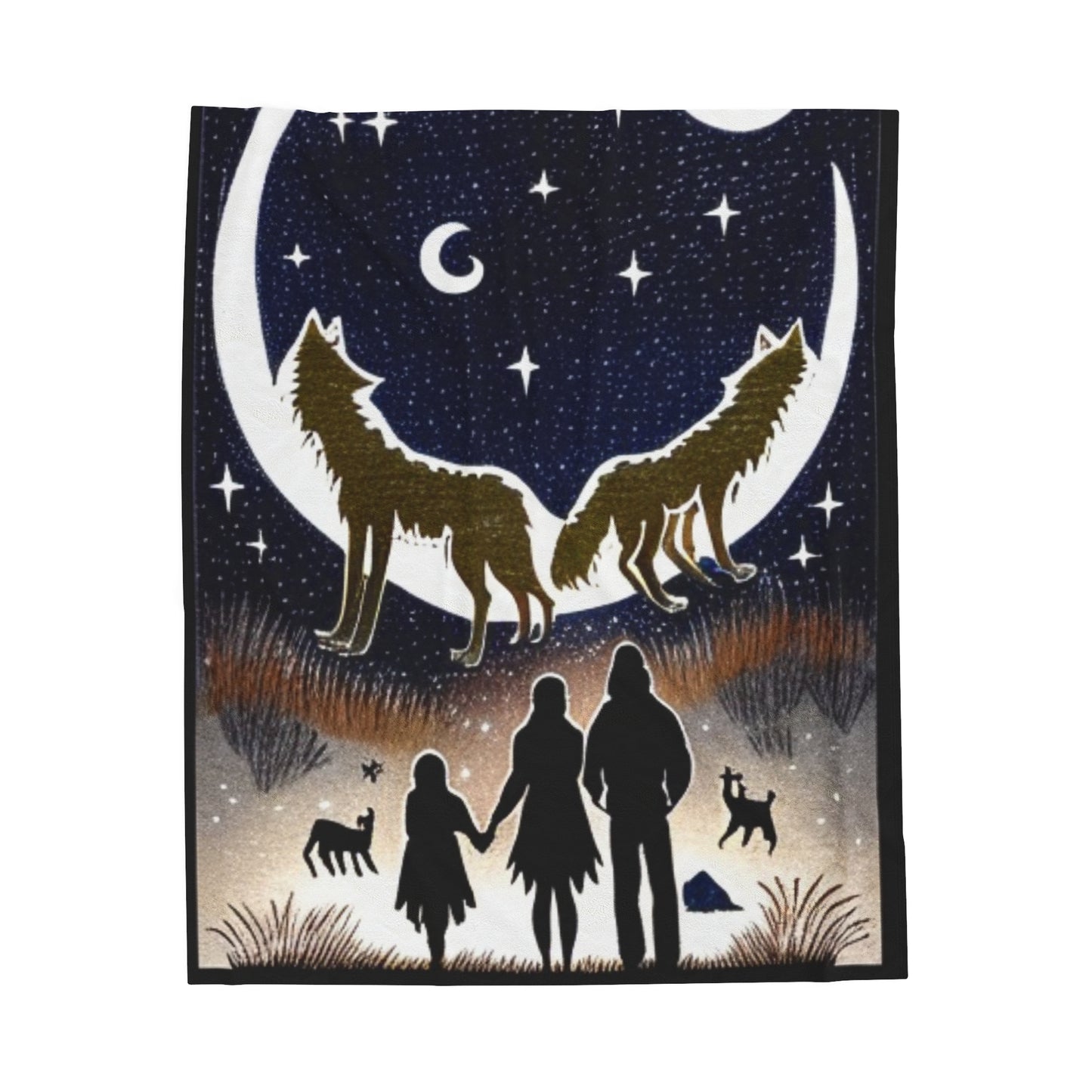 two wolves howling under a crescent moon Velveteen Plush Blanket