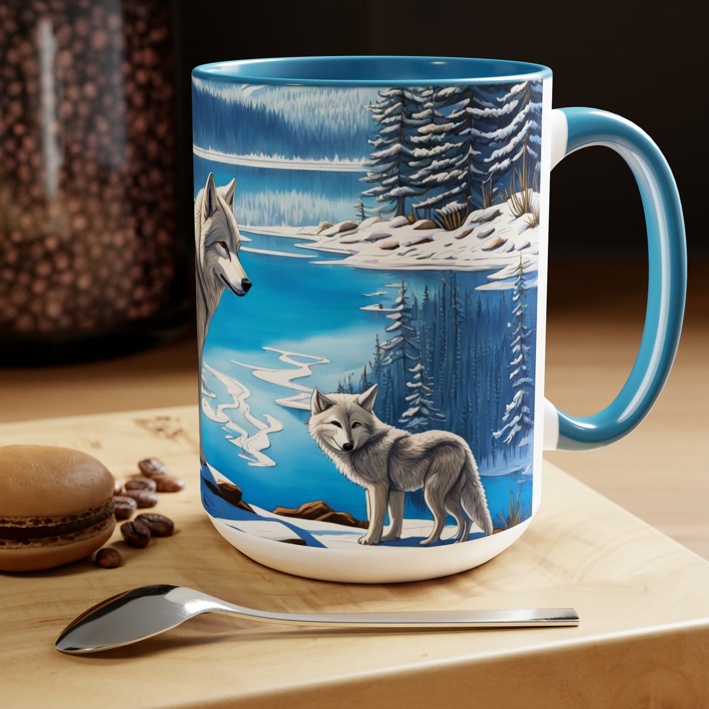 Wolves dancing into winter snow 15 oz mug