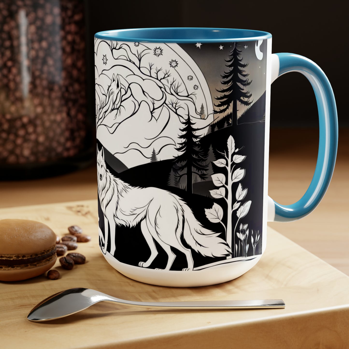 Black and white wolves in the night time 15 oz  ceramic mug