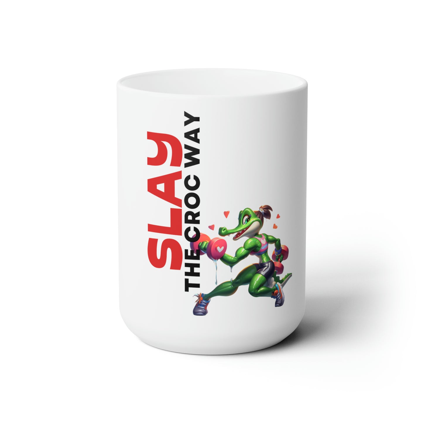 "Slay the Croc Way - New Year, New You - Pulse Up, Stress Down" is catchy, playful, and definitely carries motivational energy. It aligns well with the fitness and positive lifestyle theme. Including it on a 15 oz ceramic mug