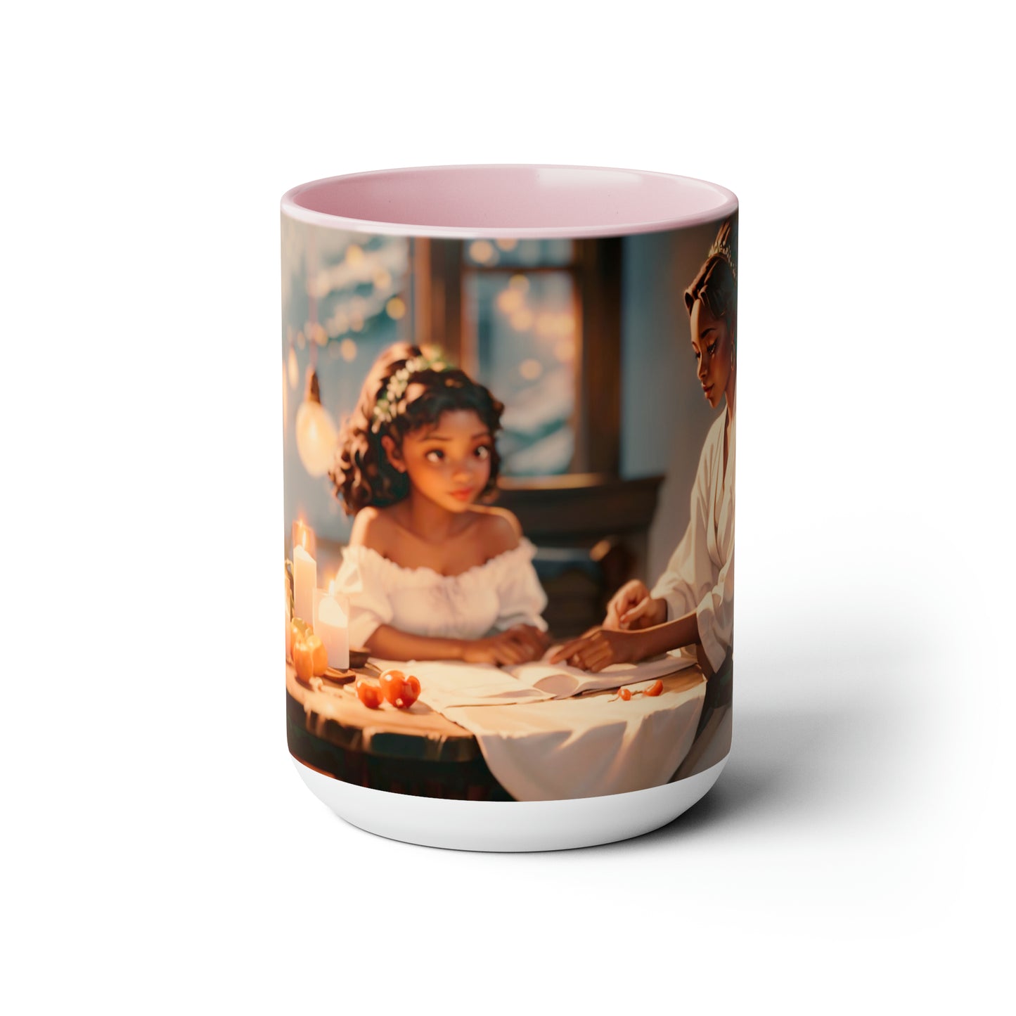 Mother and daughter Christmas time sitting at the table 15 oz Ceramic mug