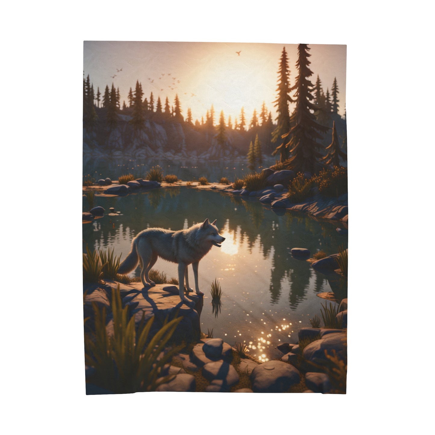 Wolf by the stream of water family Velveteen Plush Blanket