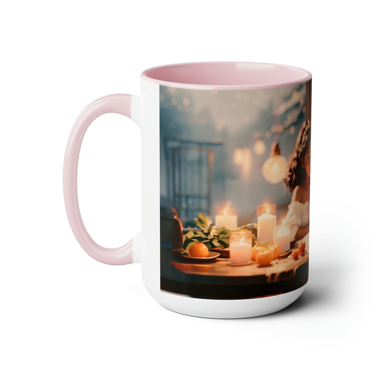 Mother and daughter Christmas time sitting at the table 15 oz Ceramic mug