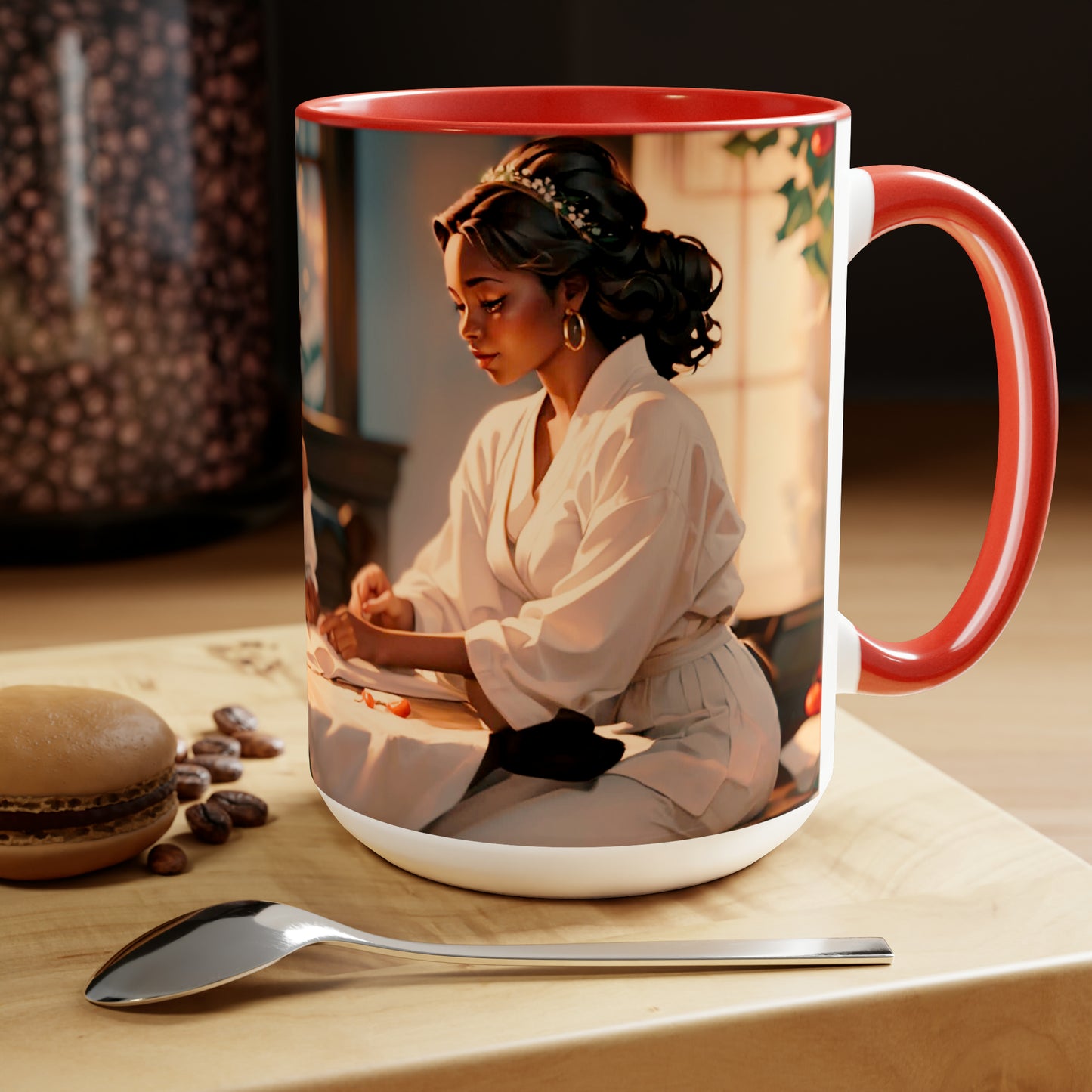 Mother and daughter Christmas time sitting at the table 15 oz Ceramic mug