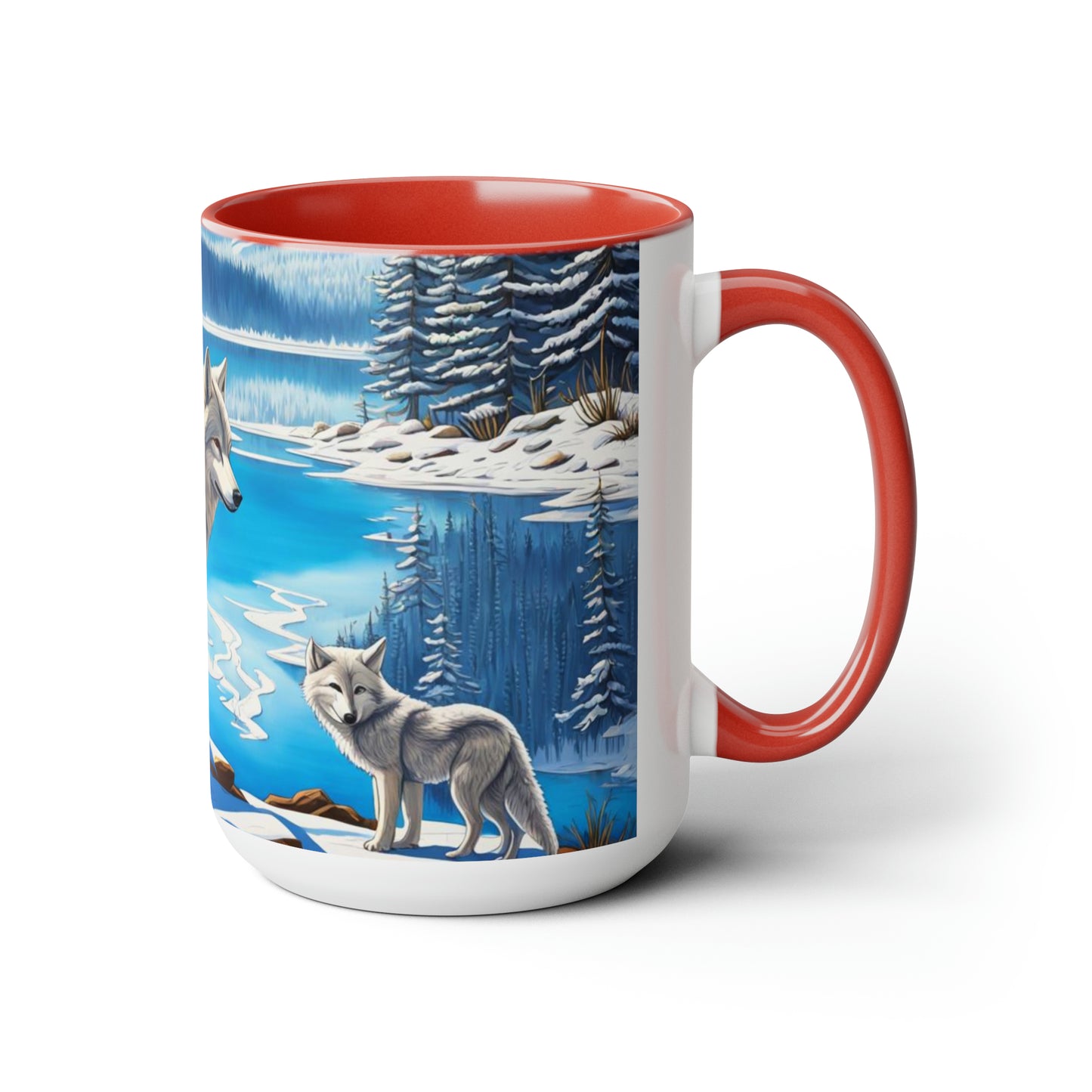 Wolves dancing into winter snow 15 oz mug