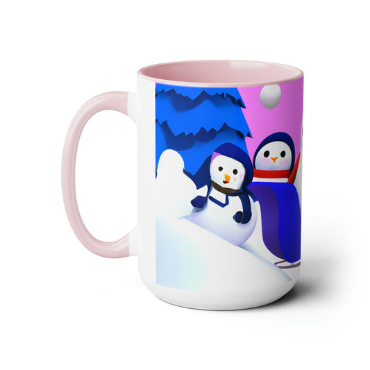 Penguin sledding selfie 15 oz ceramic mug