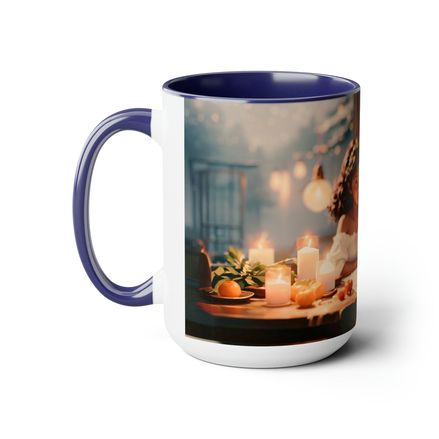 Mother and daughter Christmas time sitting at the table 15 oz Ceramic mug