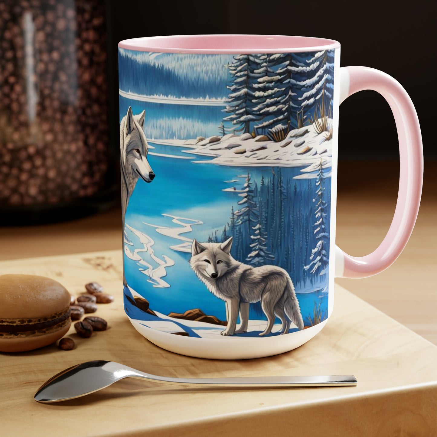 Wolves dancing into winter snow 15 oz mug