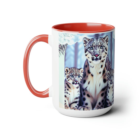 Snow leopard sitting in the snow15 oz ceramic mug