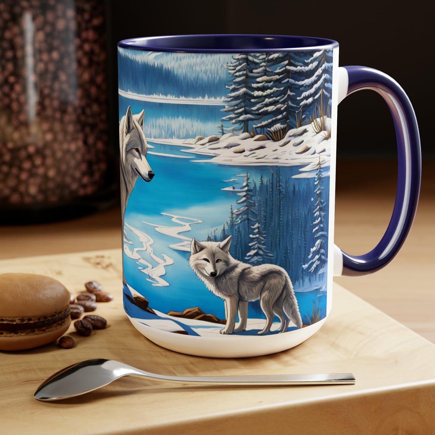 Wolves dancing into winter snow 15 oz mug