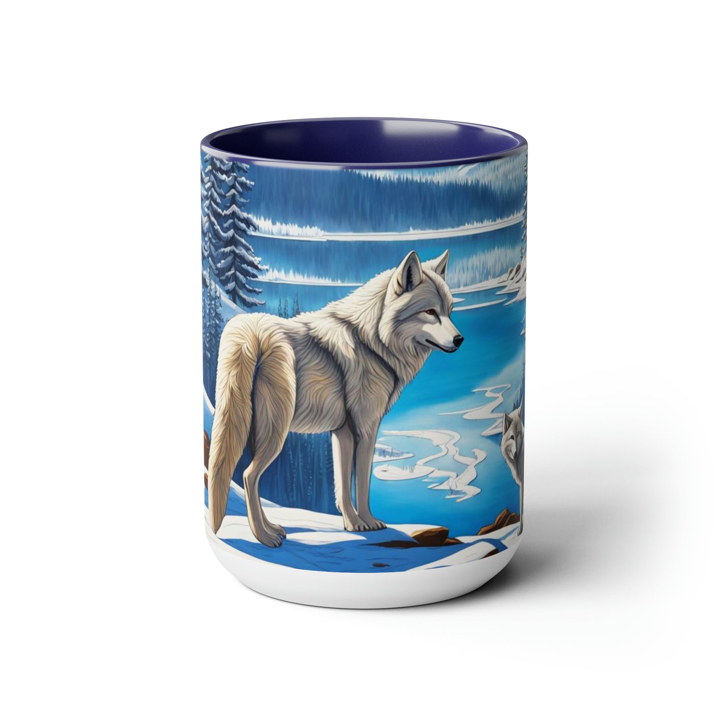 Wolves dancing into winter snow 15 oz mug