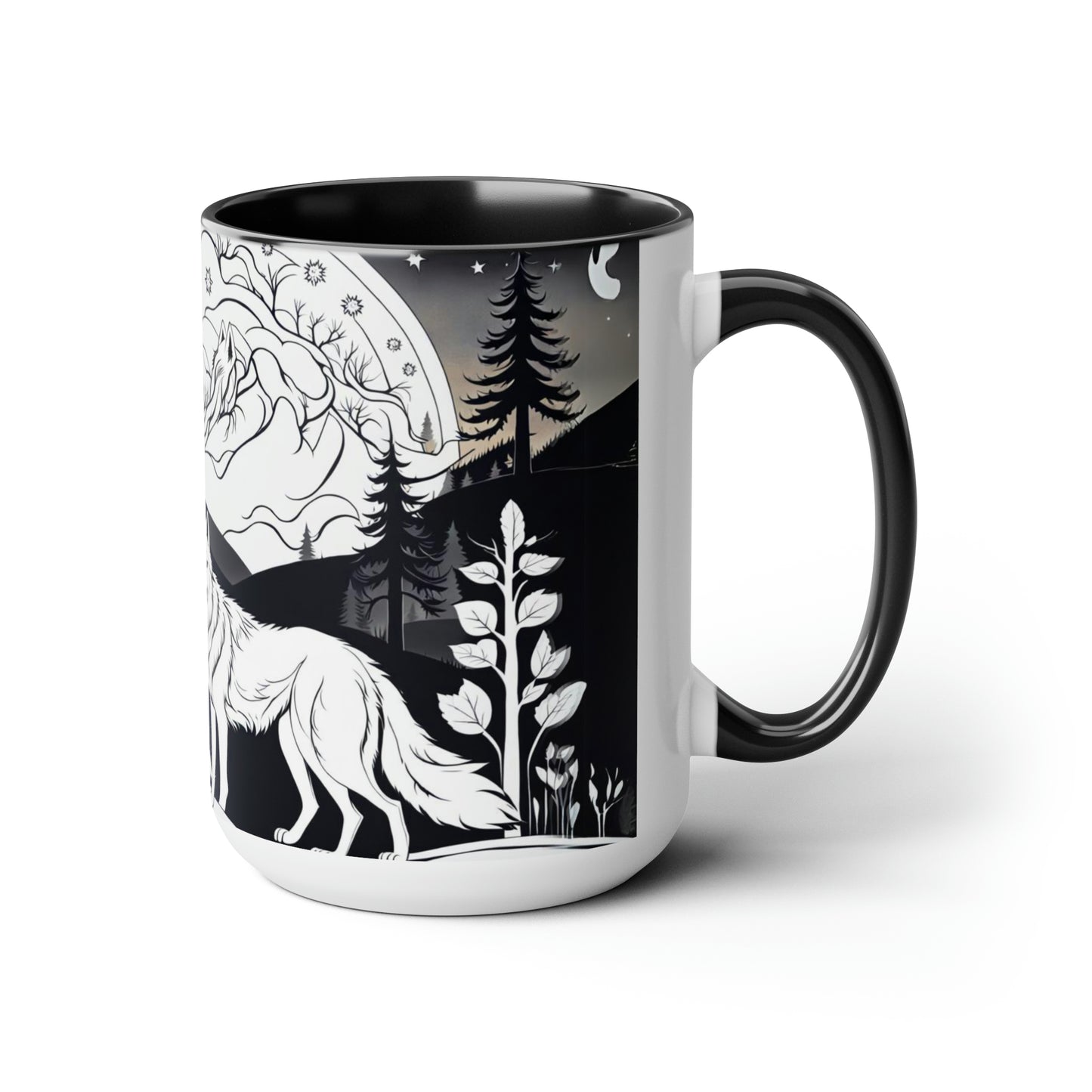 Black and white wolves in the night time 15 oz  ceramic mug