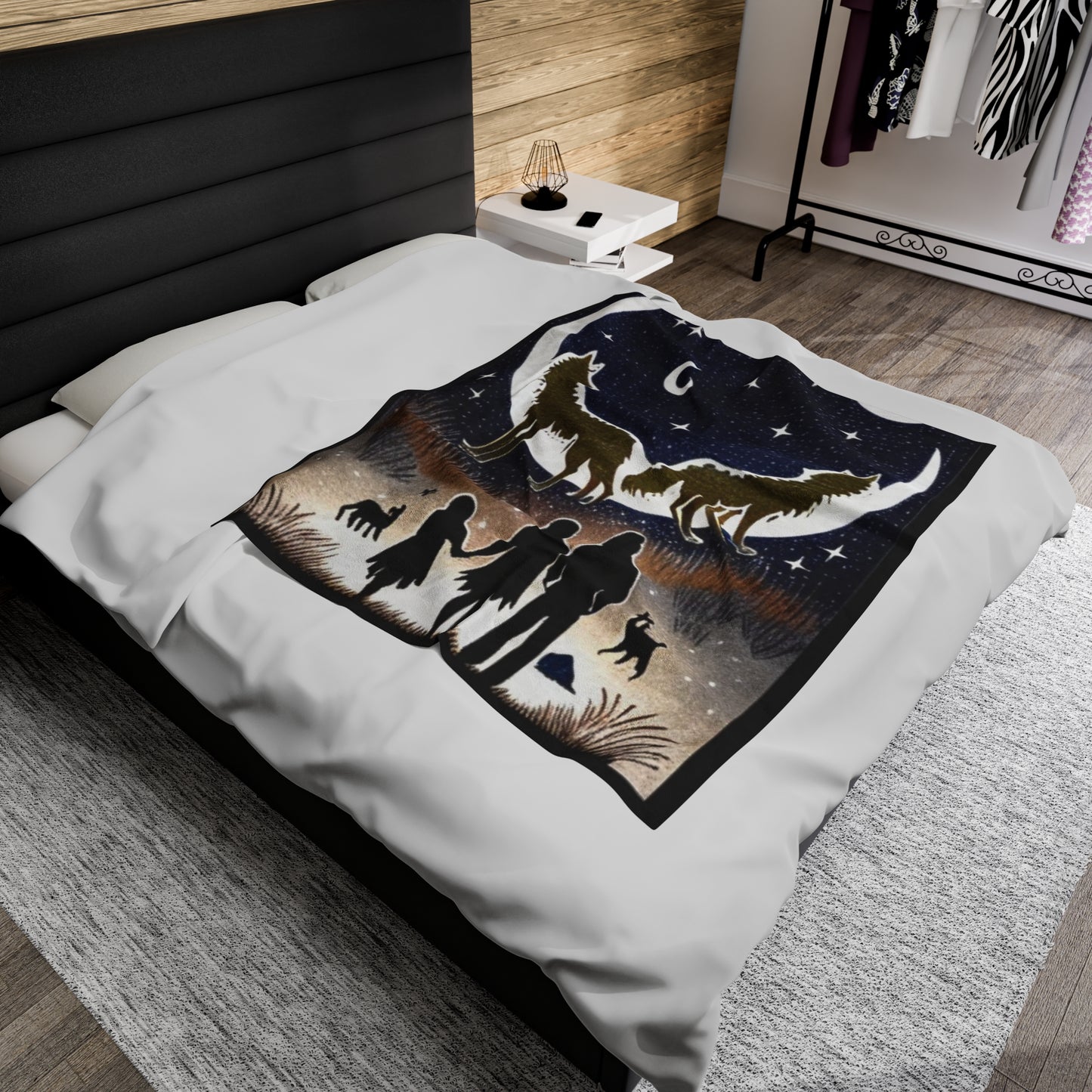 two wolves howling under a crescent moon Velveteen Plush Blanket