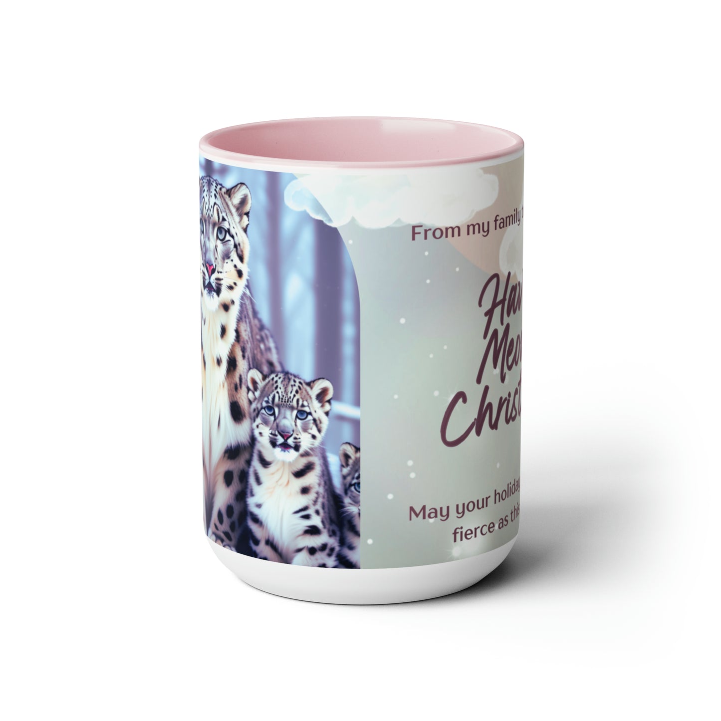 Snow leopard sitting in the snow15 oz ceramic mug