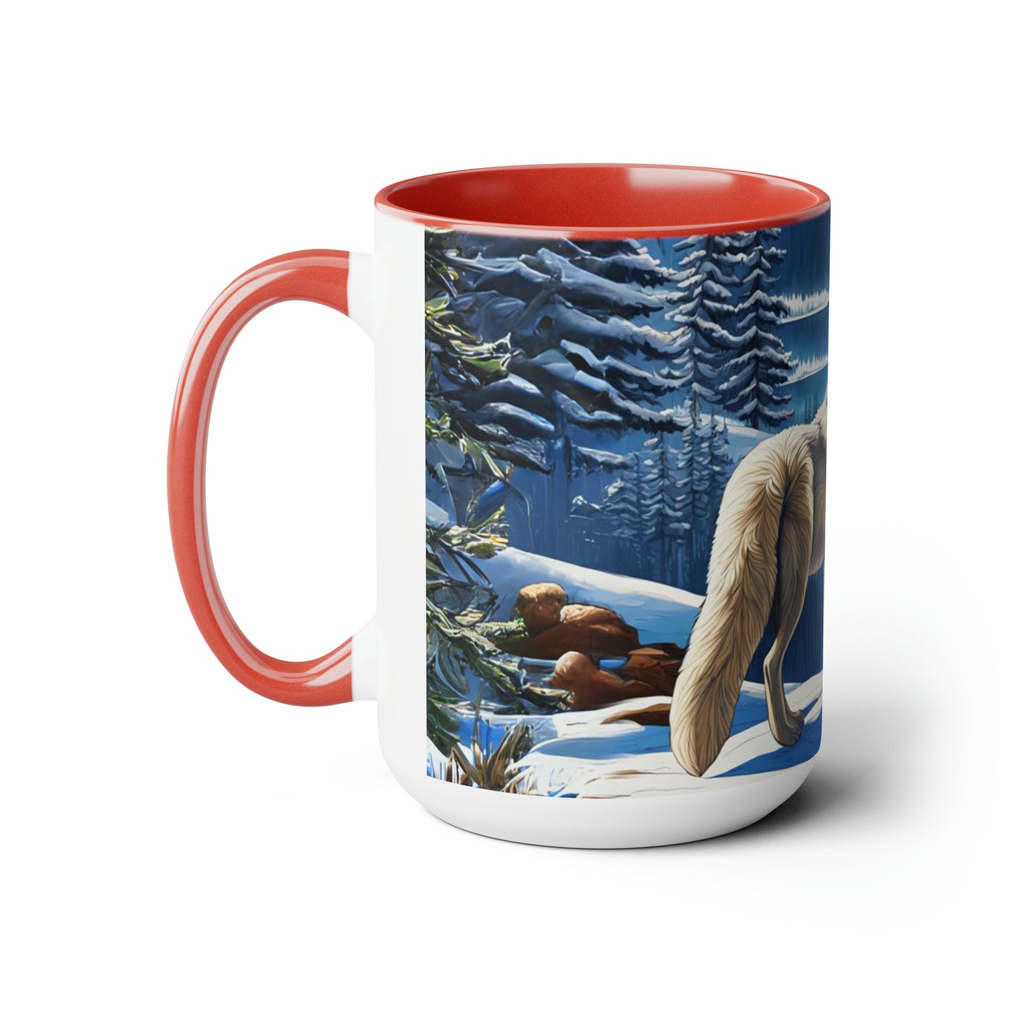 Wolves dancing into winter snow 15 oz mug