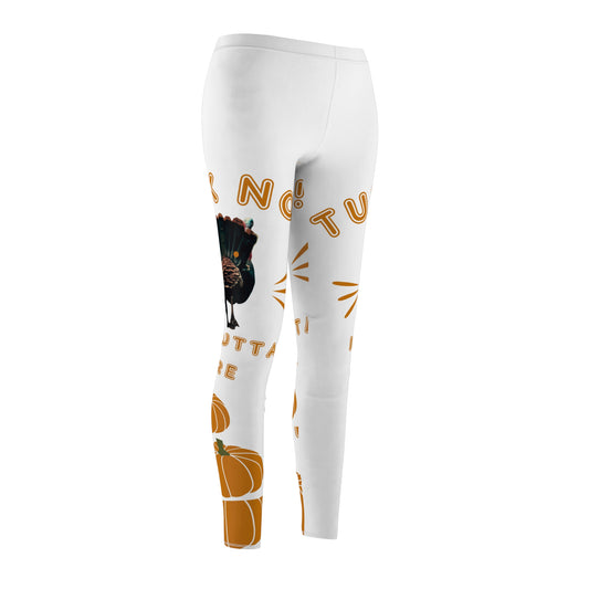 Thanksgiving Hilarity Turkin' Around White Women's Leggings with pumpkins and a turkey running away