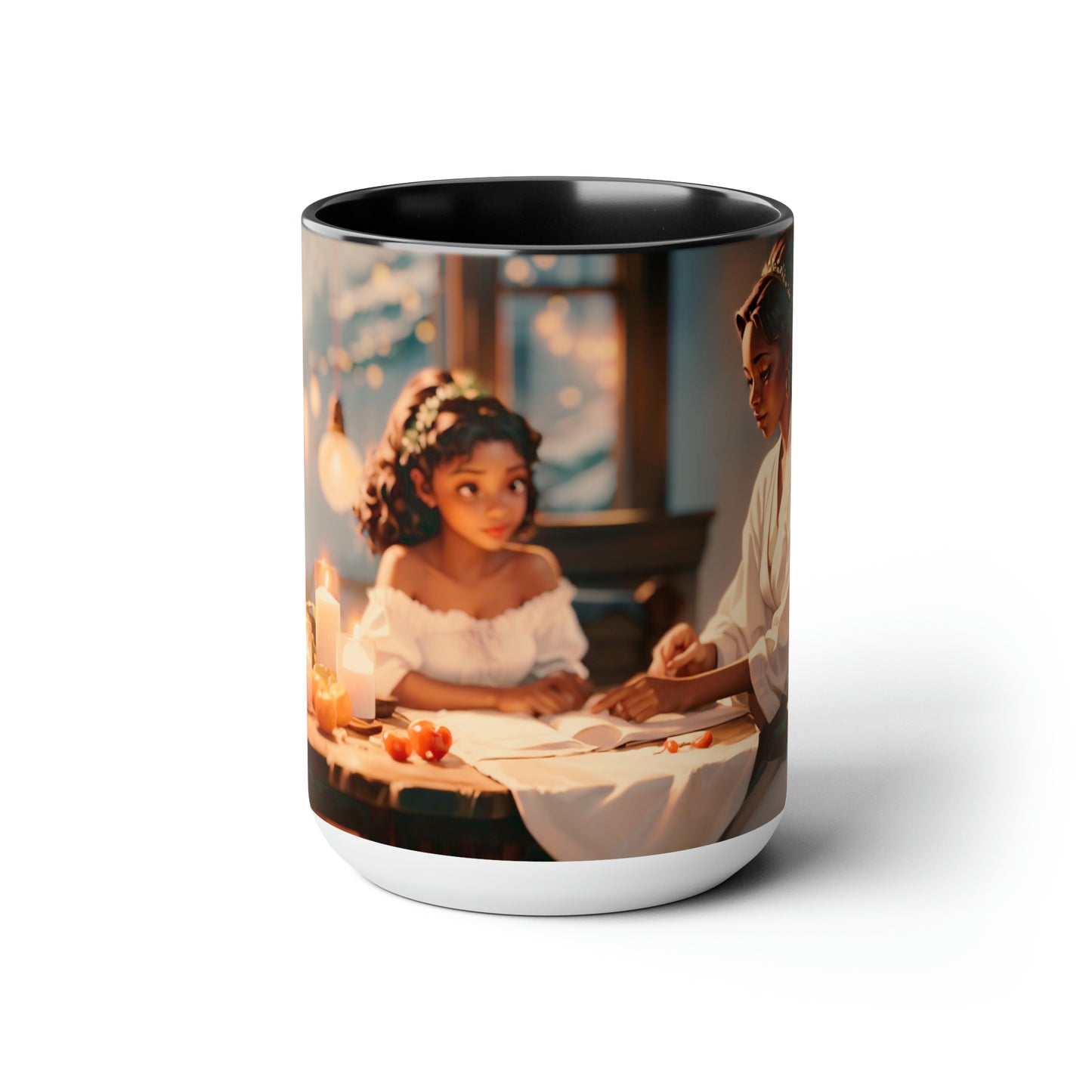 Mother and daughter Christmas time sitting at the table 15 oz Ceramic mug