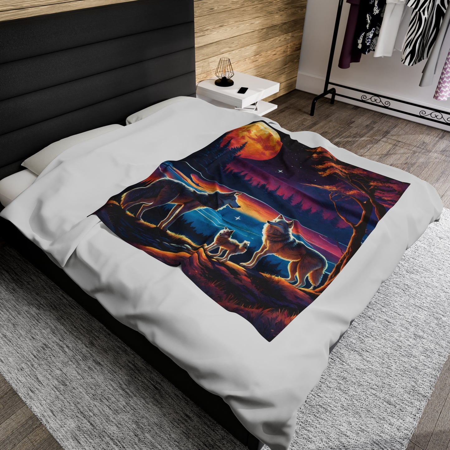 Neon wolf family Velveteen Plush Blanket