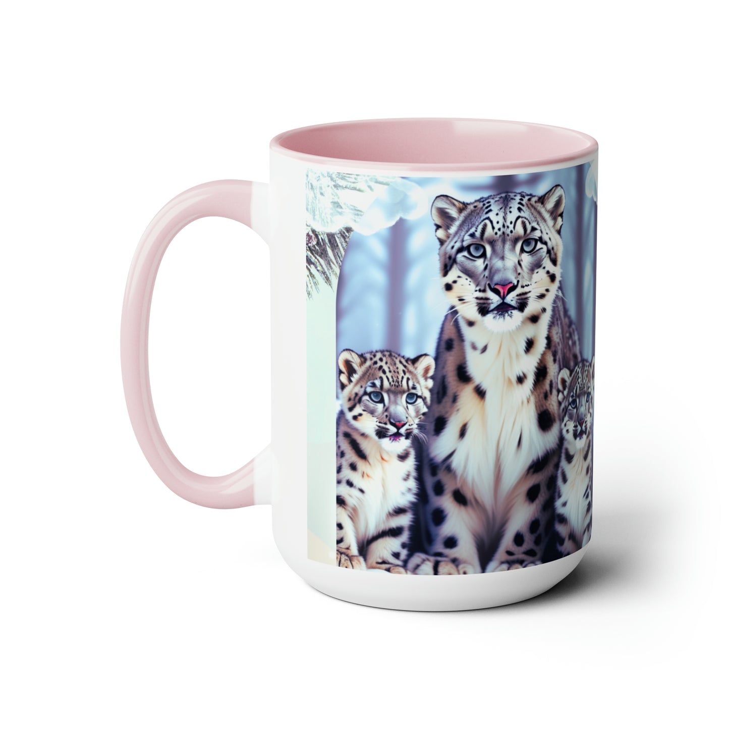 Snow leopard sitting in the snow15 oz ceramic mug