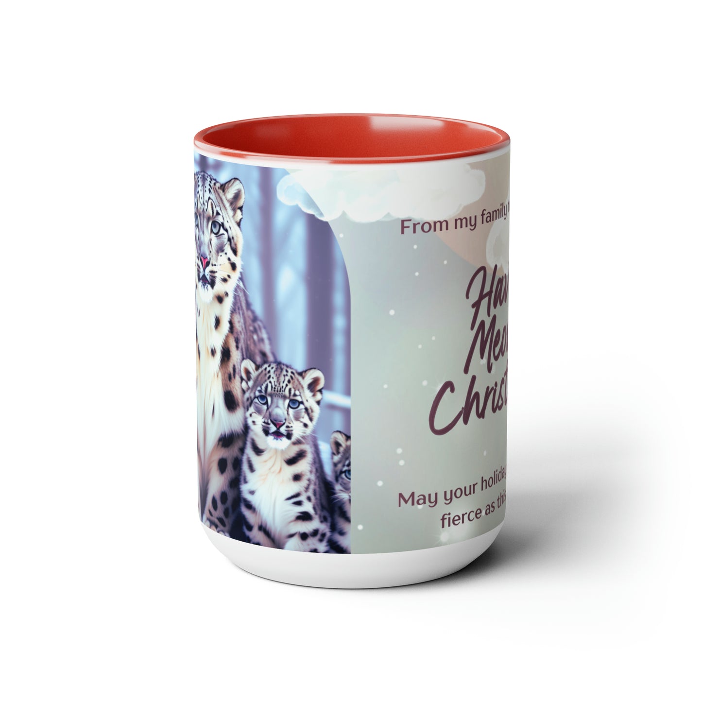 Snow leopard sitting in the snow15 oz ceramic mug