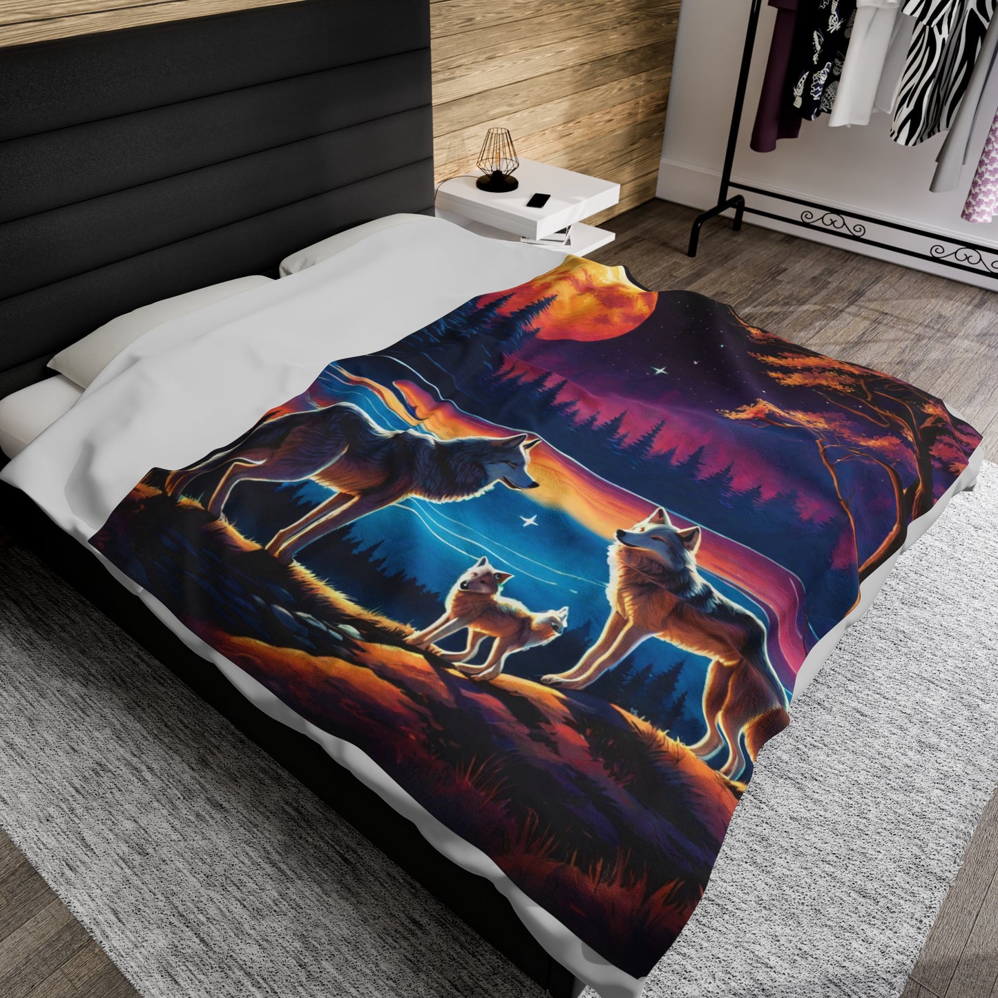 Neon wolf family Velveteen Plush Blanket