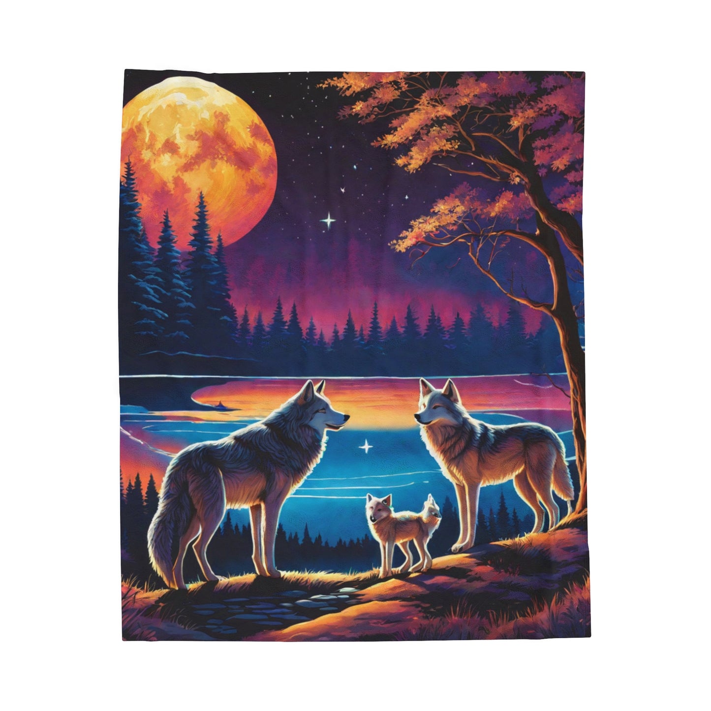 Neon wolf family Velveteen Plush Blanket