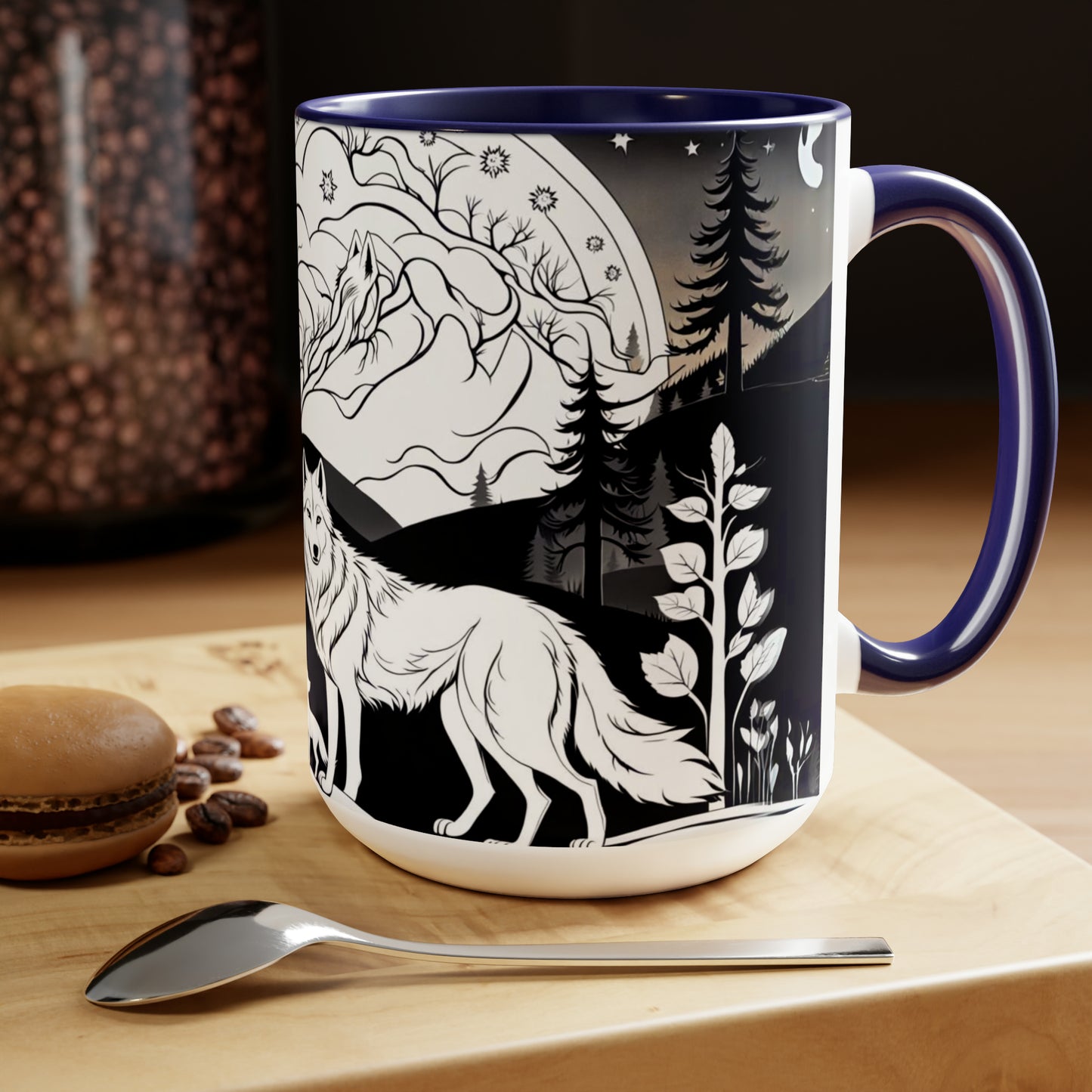 Black and white wolves in the night time 15 oz  ceramic mug